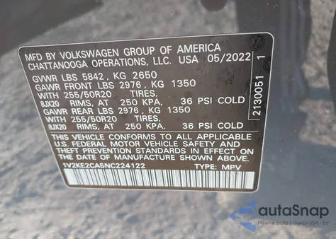 2022 Volkswagen Atlas Cross Sport 3.6L V6 Se W/Technology z USA, uszkodzony, nr VIN 1V2KE2CA5NC224122